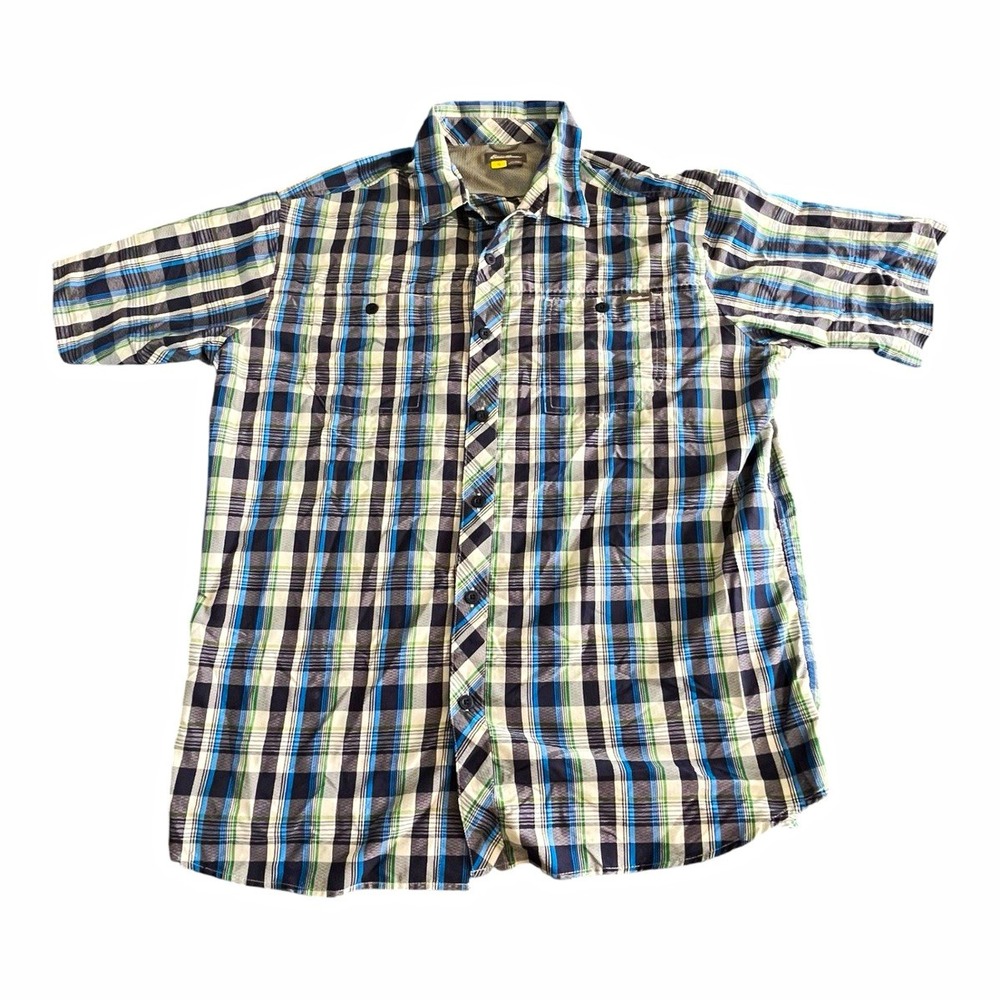 Eddie Bauer Shirt Men's XL Blue Green White Plaid Button Up Short Sleeve